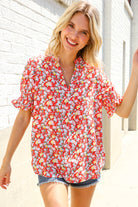 Elegant You Ruby Notched Neck Floral Smocked Sleeve Blouse - Charming Charlie