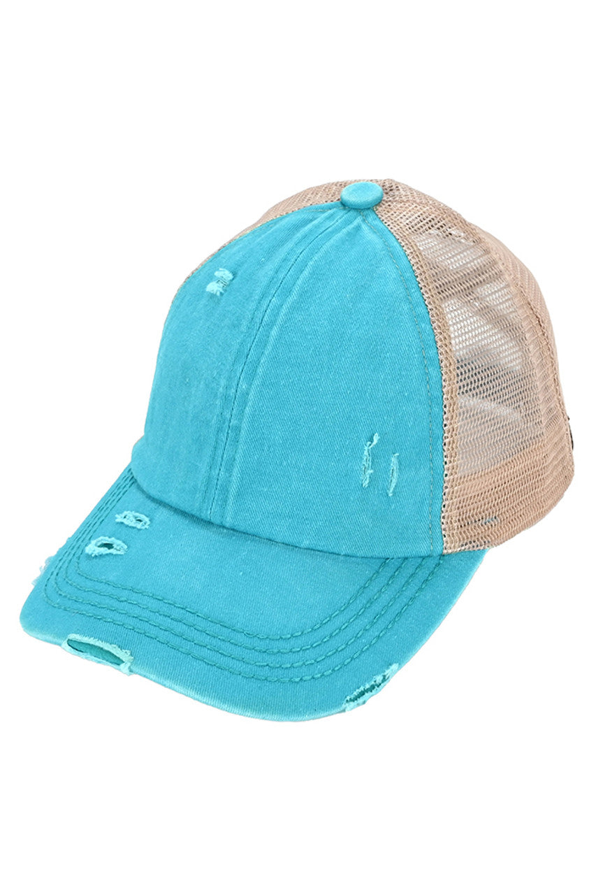 Turquoise C.C BASEBALL PONYCAP is a stylish and functional cap that combines the classic look of a baseball cap with the convenience of a ponytail holder. Made with high-quality materials and a comfortable fit, this cap is perfect for any outdoor activity. Stay cool and protected with the C.C BASEBALL PONYCAP.