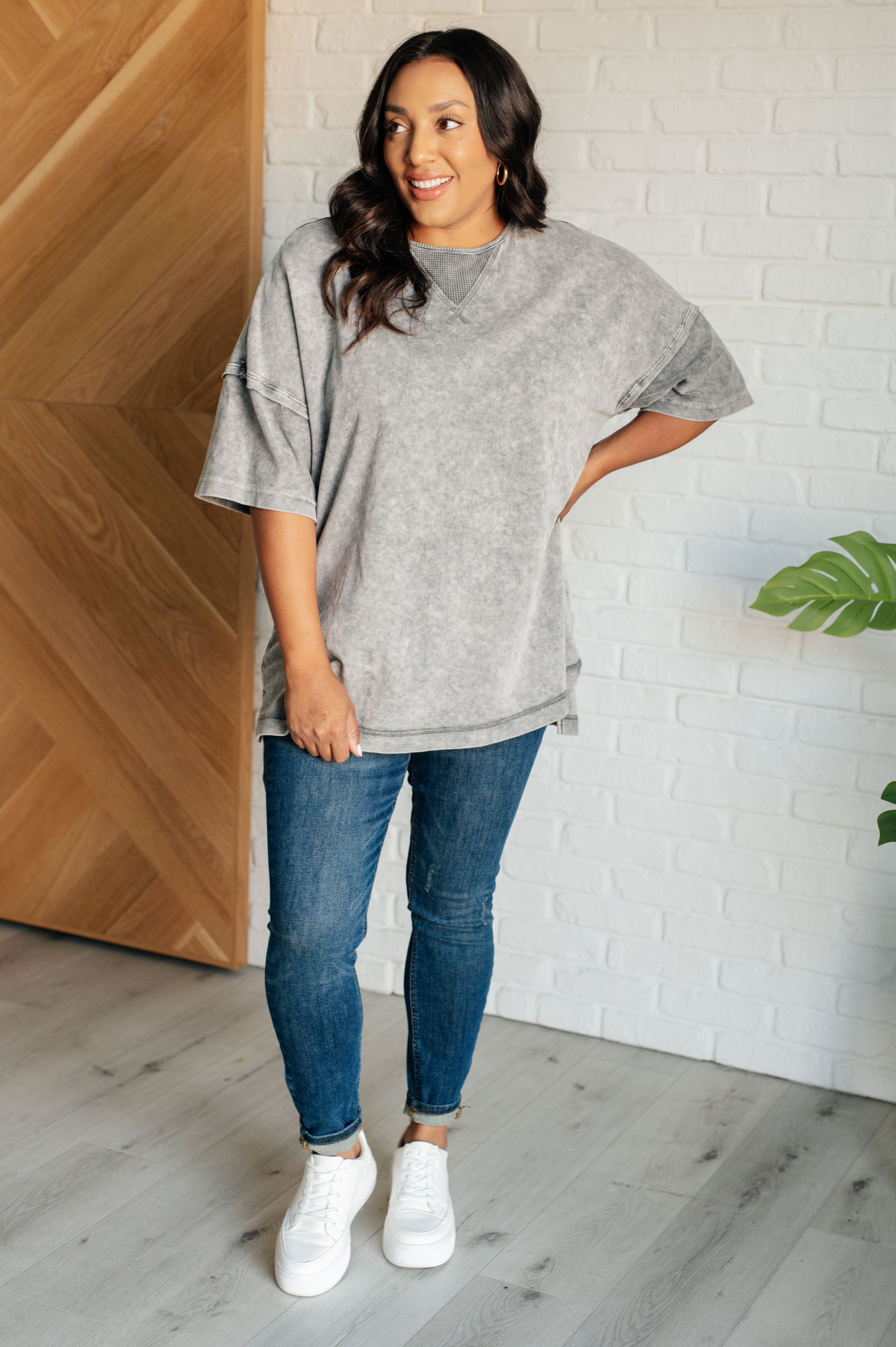 Unbothered Mineral Wash Top in Grey - Charming Charlie