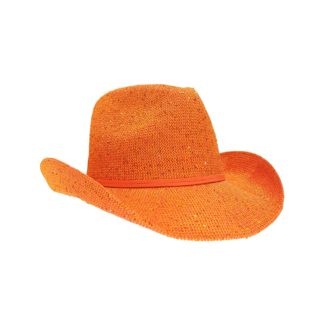 Orange C.C brand sequin cowboy hat with curved brim and sparkly finish