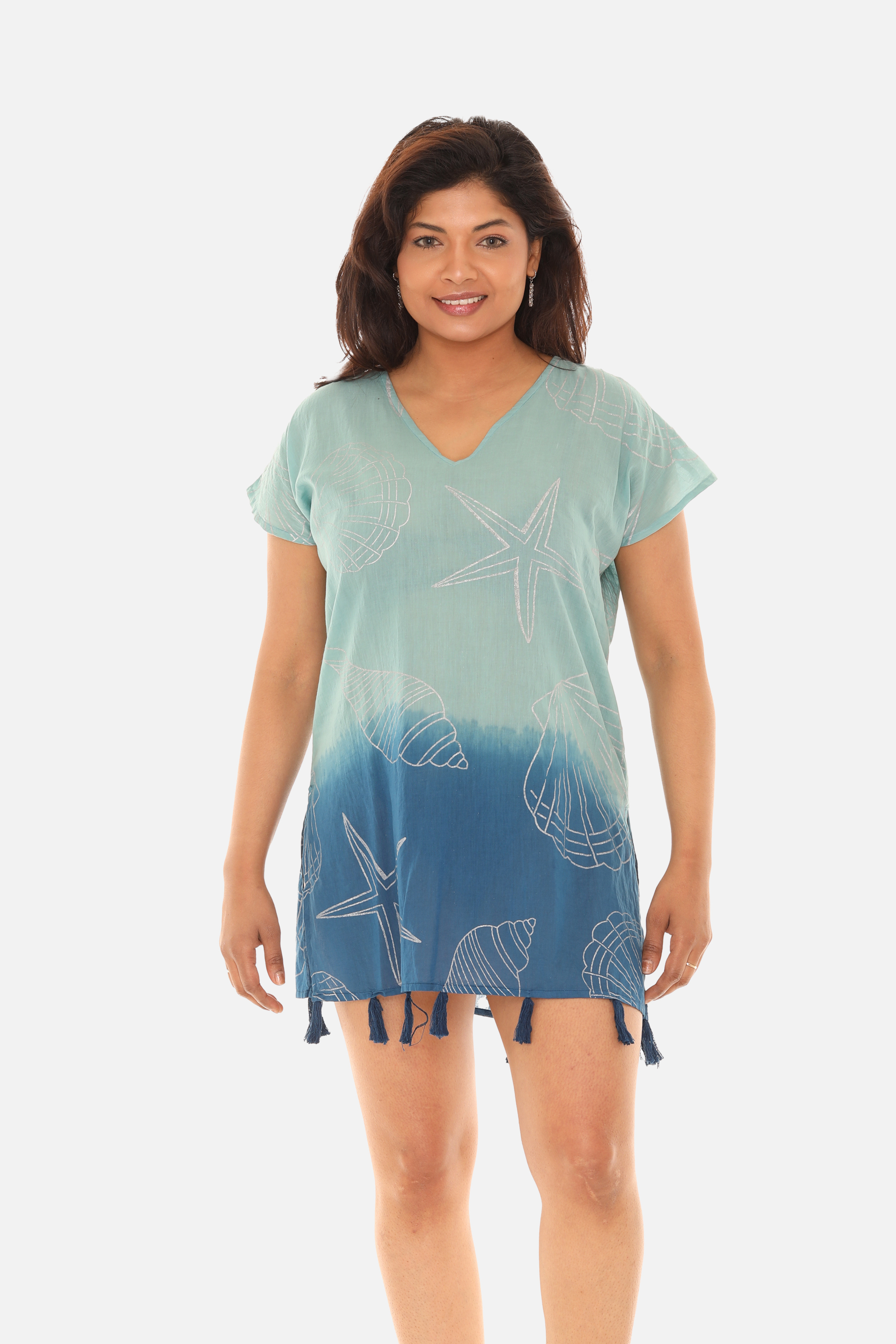 Gold starfish V-Neck Tunic With Tassels