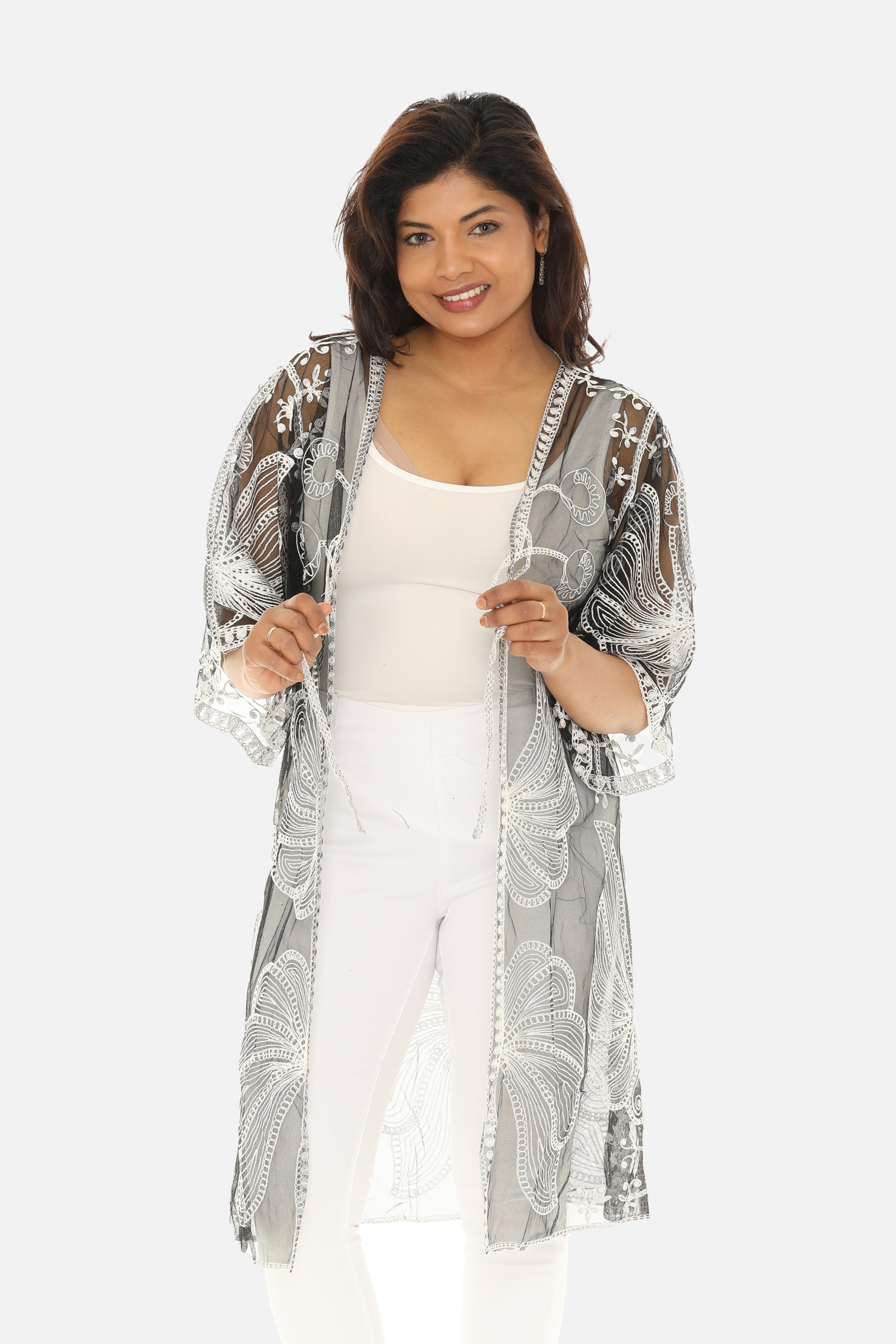 Butterfly Pattern Long Cover-Up with Tie-Knot Closure - Charming Charlie