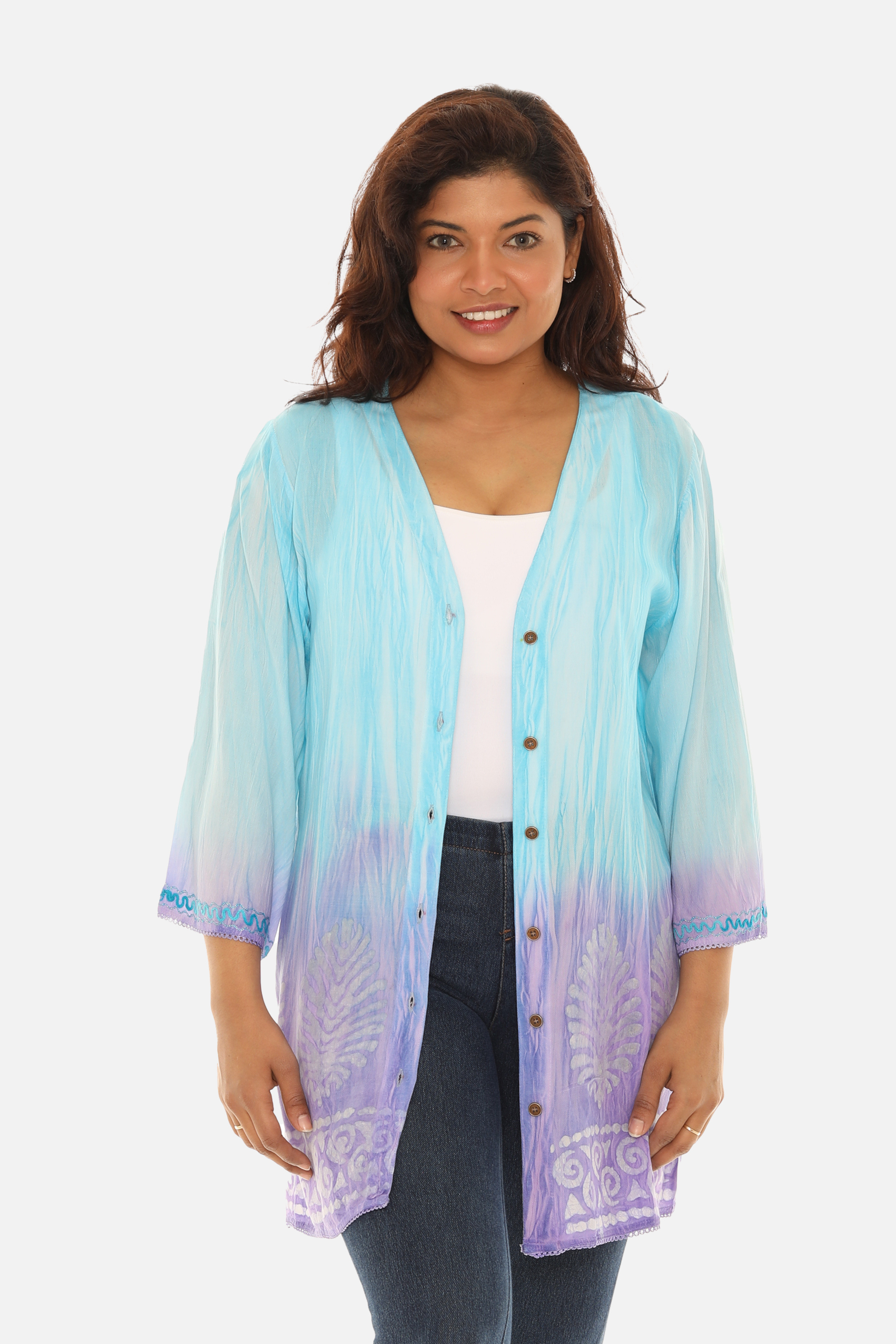 Three quarters Sleeve V-Neck Button Down Block Print Shirt