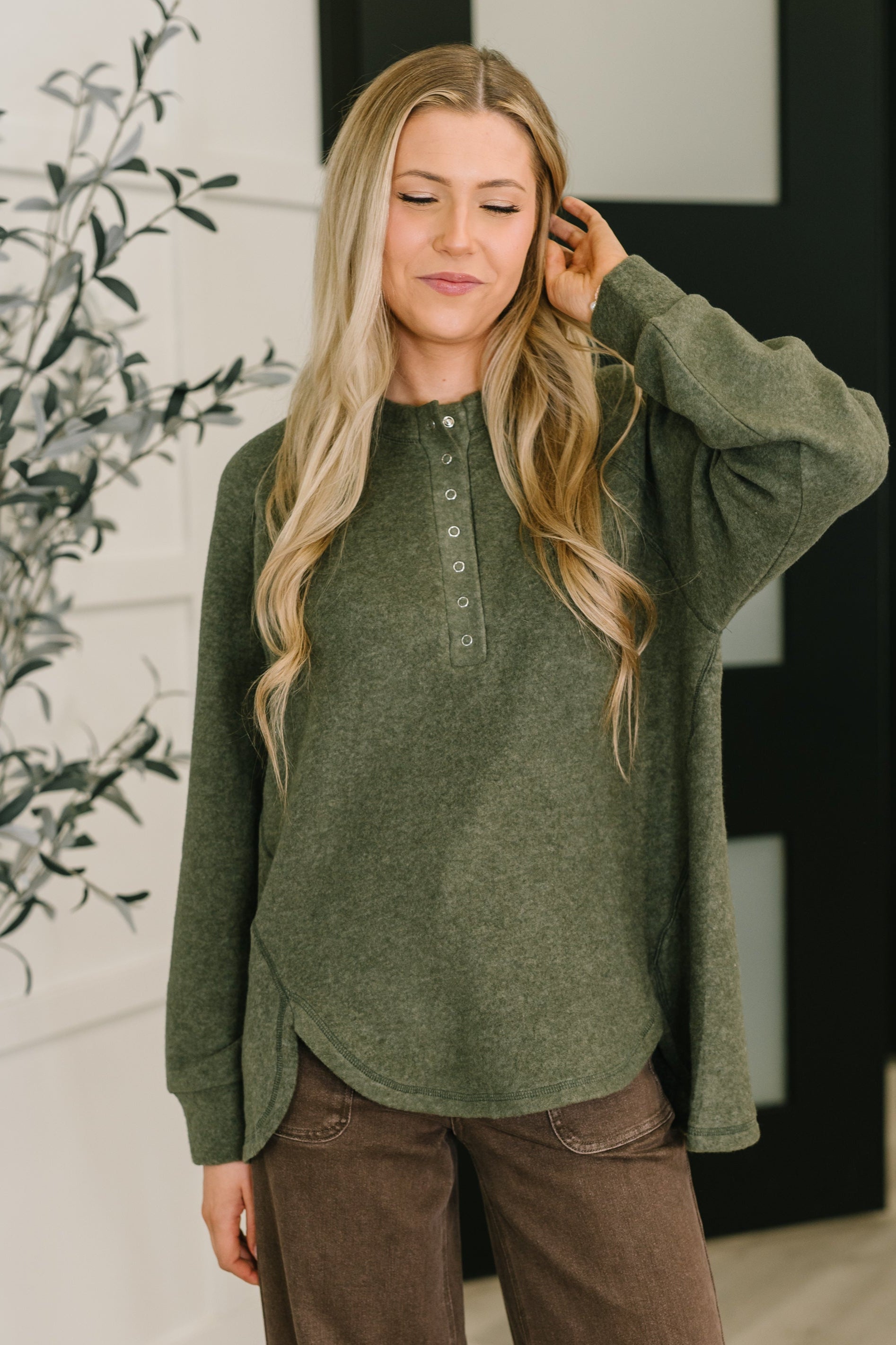 Urban Flux Scooped Hi-Low Long Pullover in Olive - Charming Charlie
