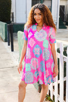 Find Love Hot Pink Abstract Print Frill Notch Neck Dress - Charming Charlie