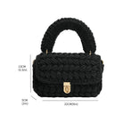 A black knitted handbag with measurements.