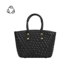 A small black recycled vegan leather woven crossbody bag with a wrapped handle. 