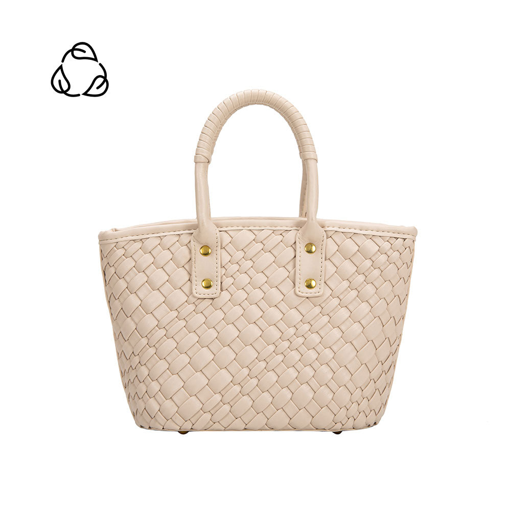 A small bone woven vegan leather crossbody bag with a wrapped handle.