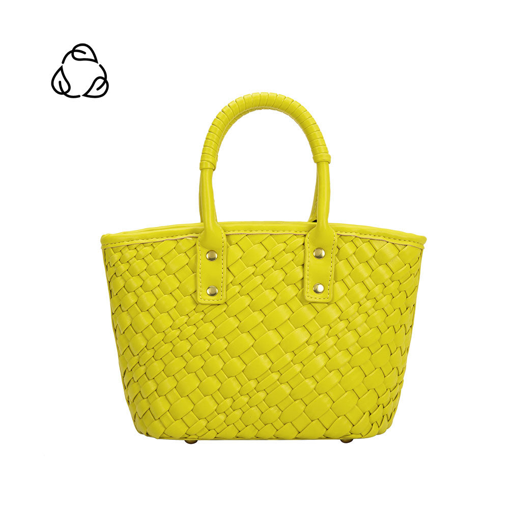 A small lime woven vegan leather crossbody bag with a wrapped handle. 