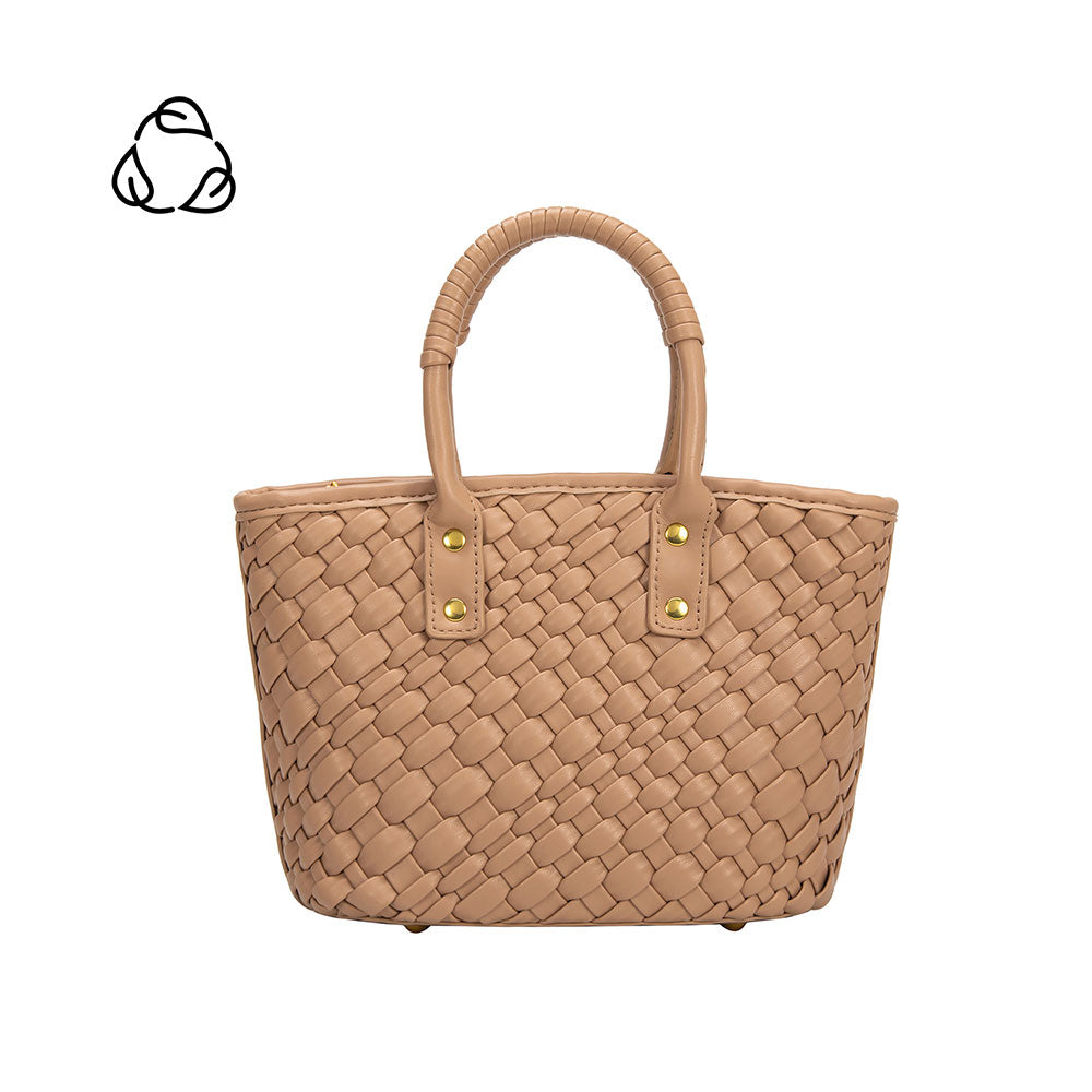 A small tan woven vegan leather crossbody bag with a wrapped handle. 