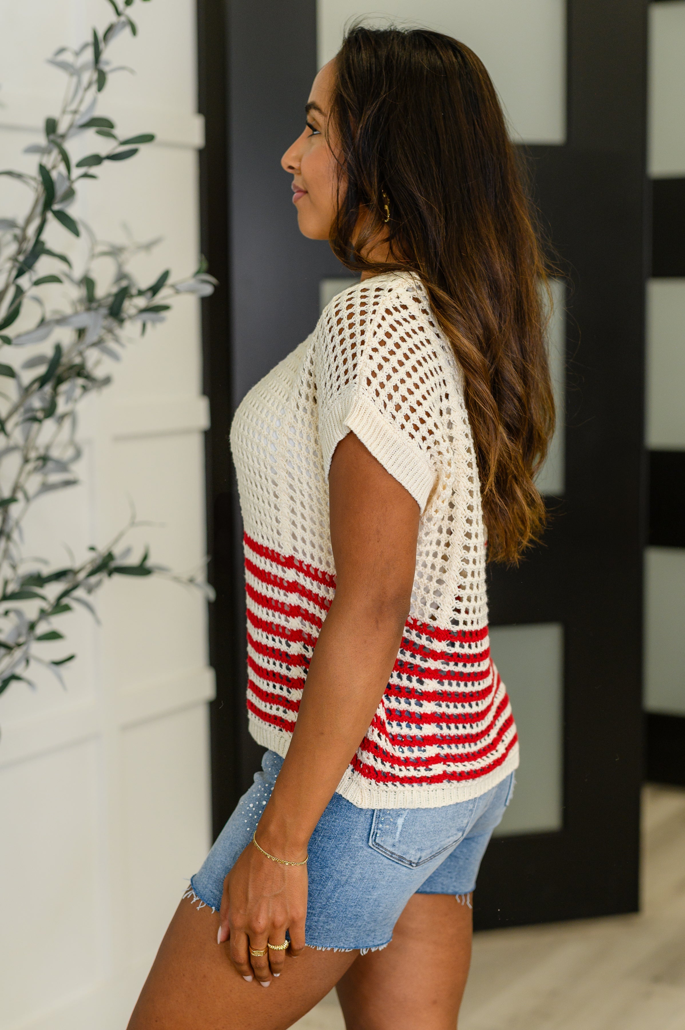 Vibes Don't Lie Net Tee Red Striped - Charming Charlie