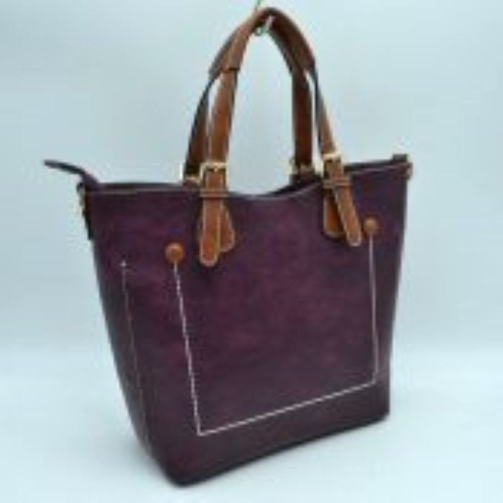 Violet Vegan&nbsp;Leather Tote Shoulder Handbags For Women. Ideal for everyday occasions such as work, school, shopping, etc. Made of high quality&nbsp;Vegan&nbsp; leather material that's light weight and comfortable to carry. Spacious main compartment with magnetic snap closure to safely store a variety of personal items such as wallet, tablet, phone, books, and other essentials. One interior open pocket for small accessories within hand's reach.