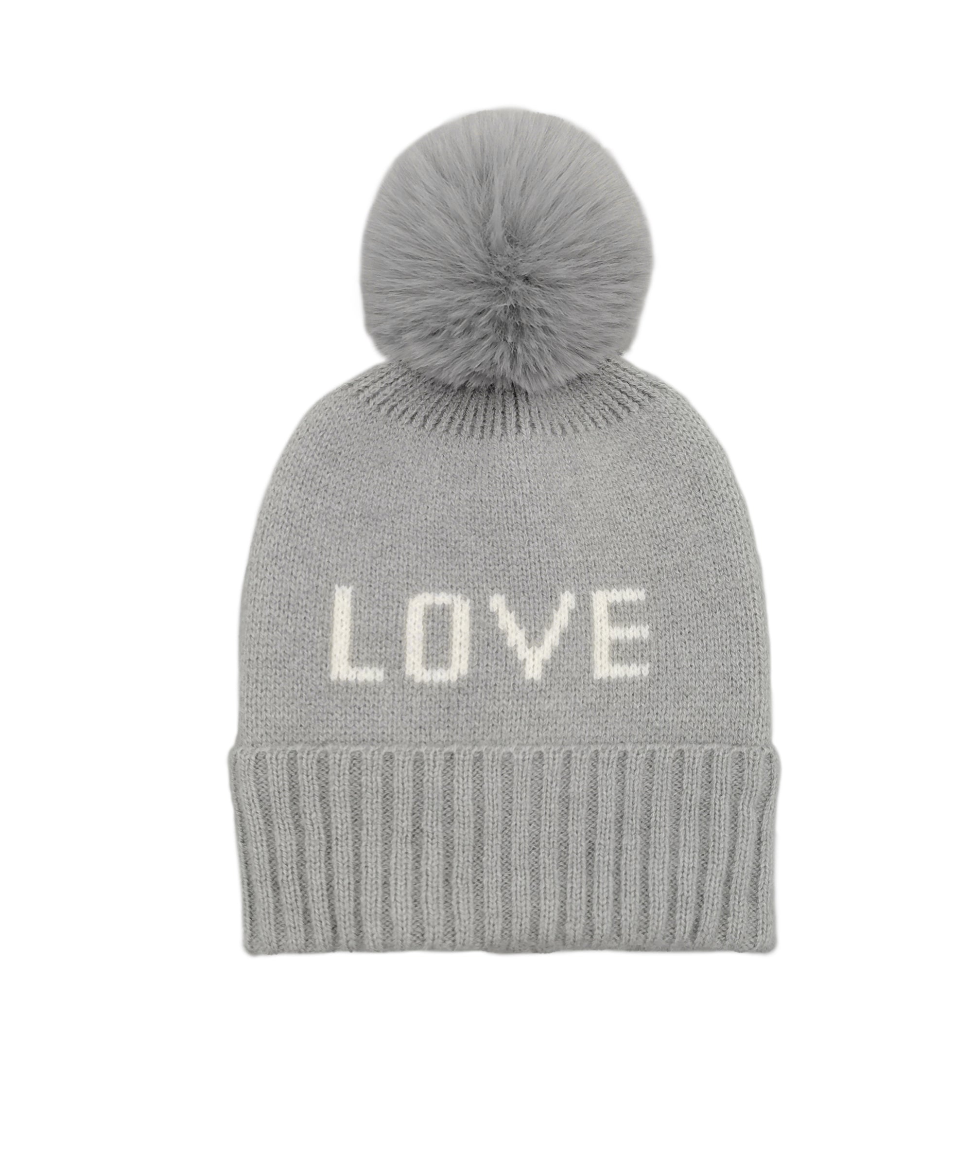 Love Verbiage Faux Fur Pom Beanie