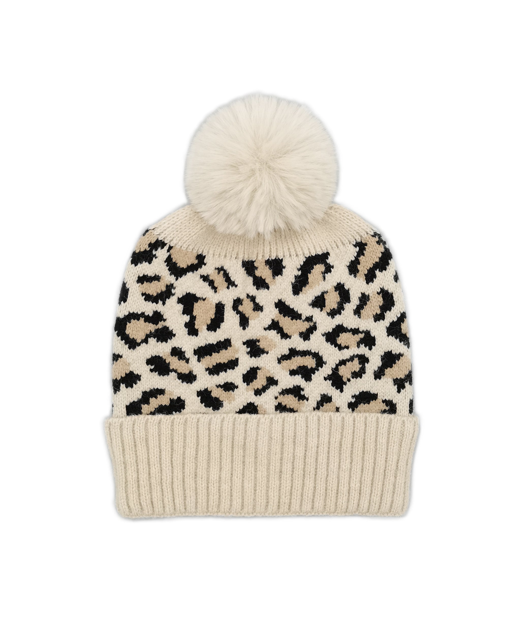 Leopard Rib Beanie With Faux Fur Pom