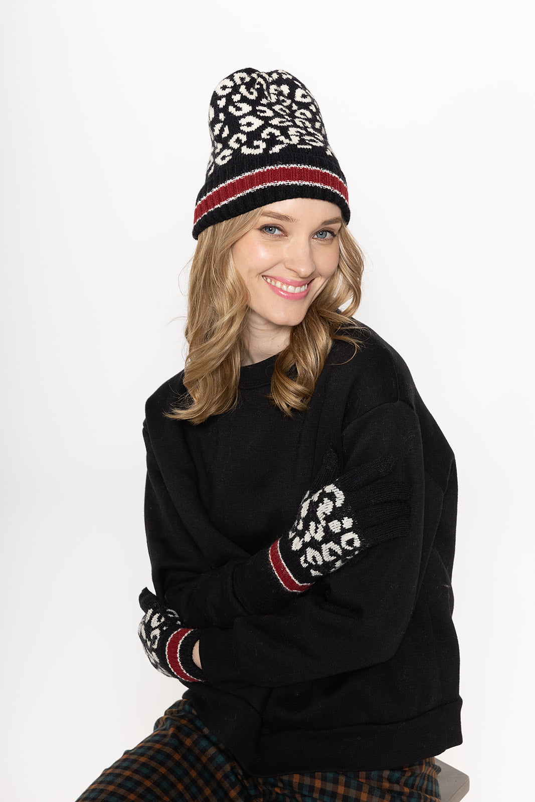 Leopard Beanie With Stripe Cuff