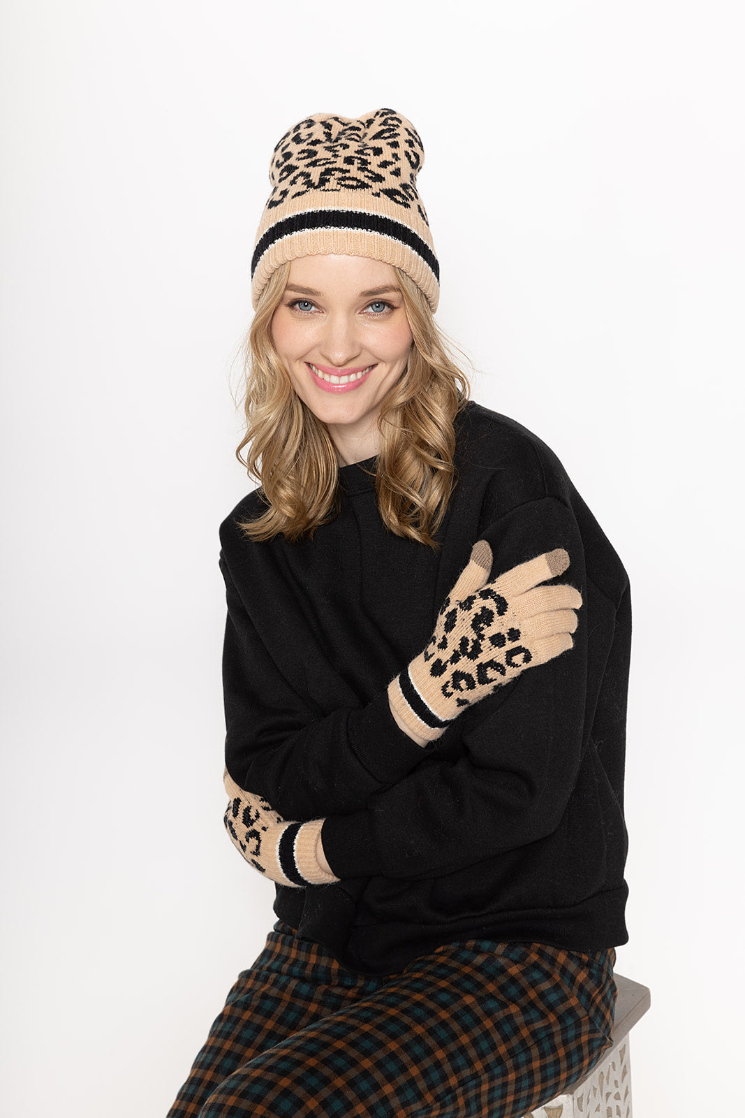 Leopard Beanie With Stripe Cuff