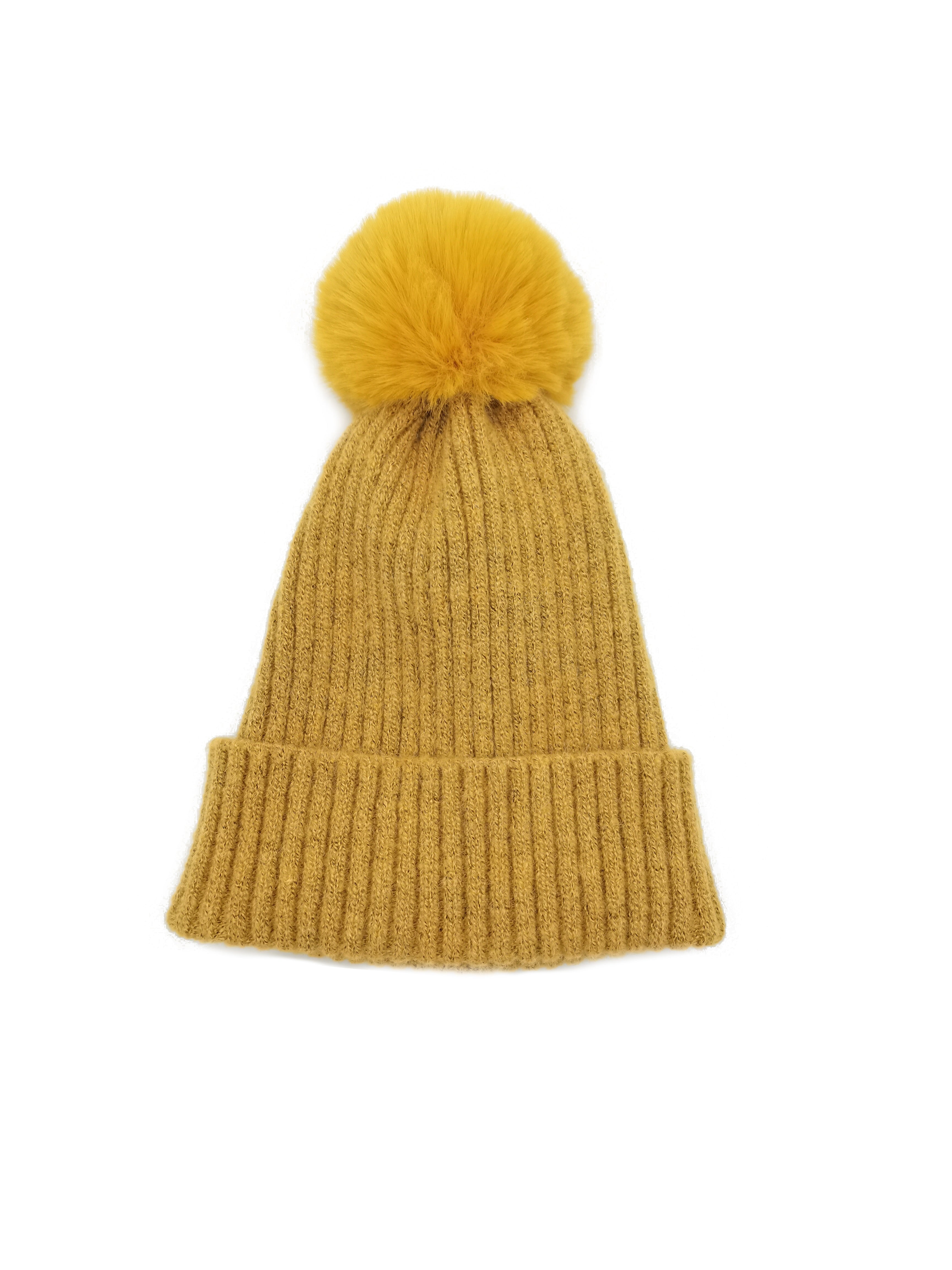 Ribbed Knit Beanie With Faux Fur Pom