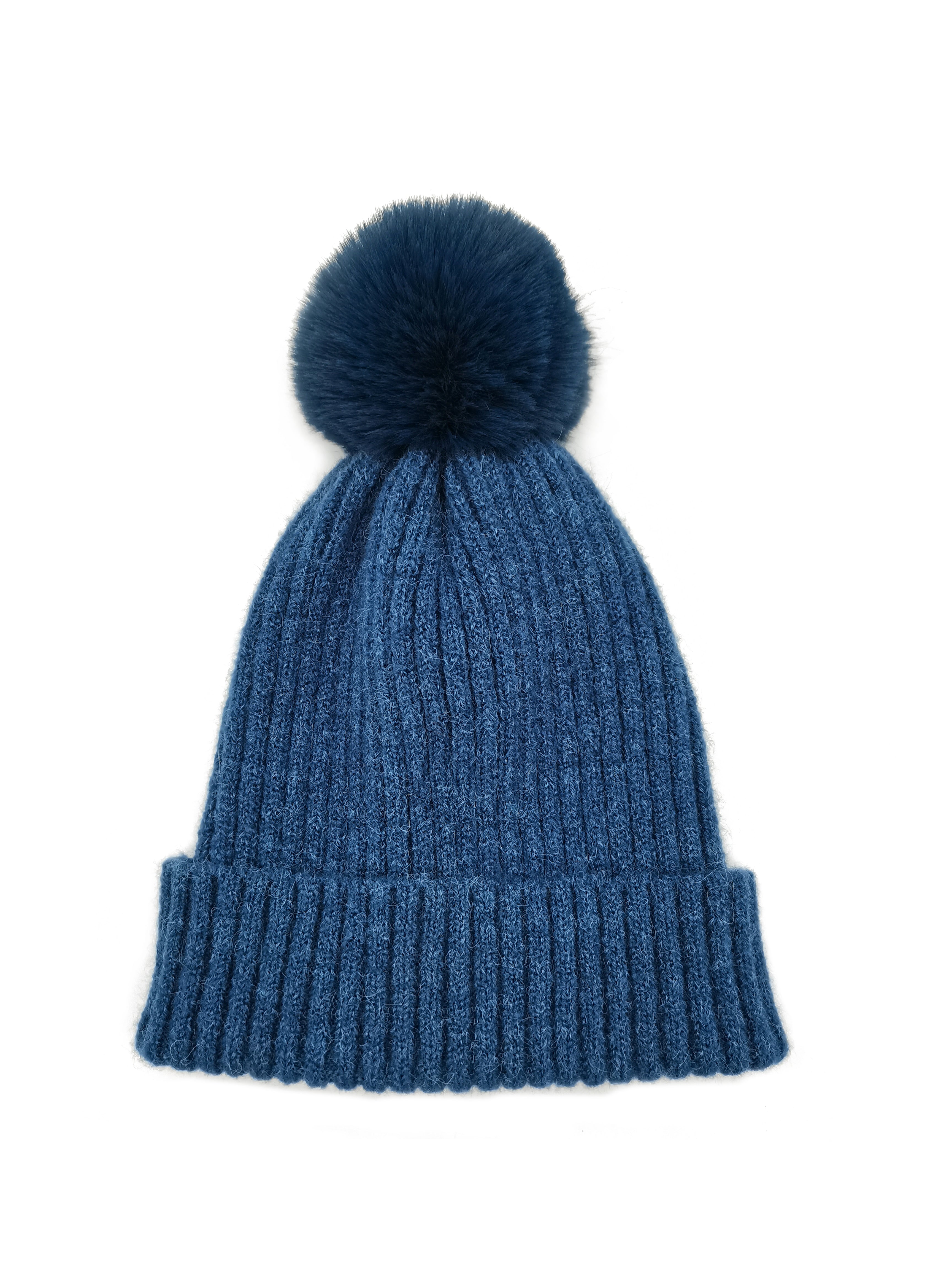 Ribbed Knit Beanie With Faux Fur Pom