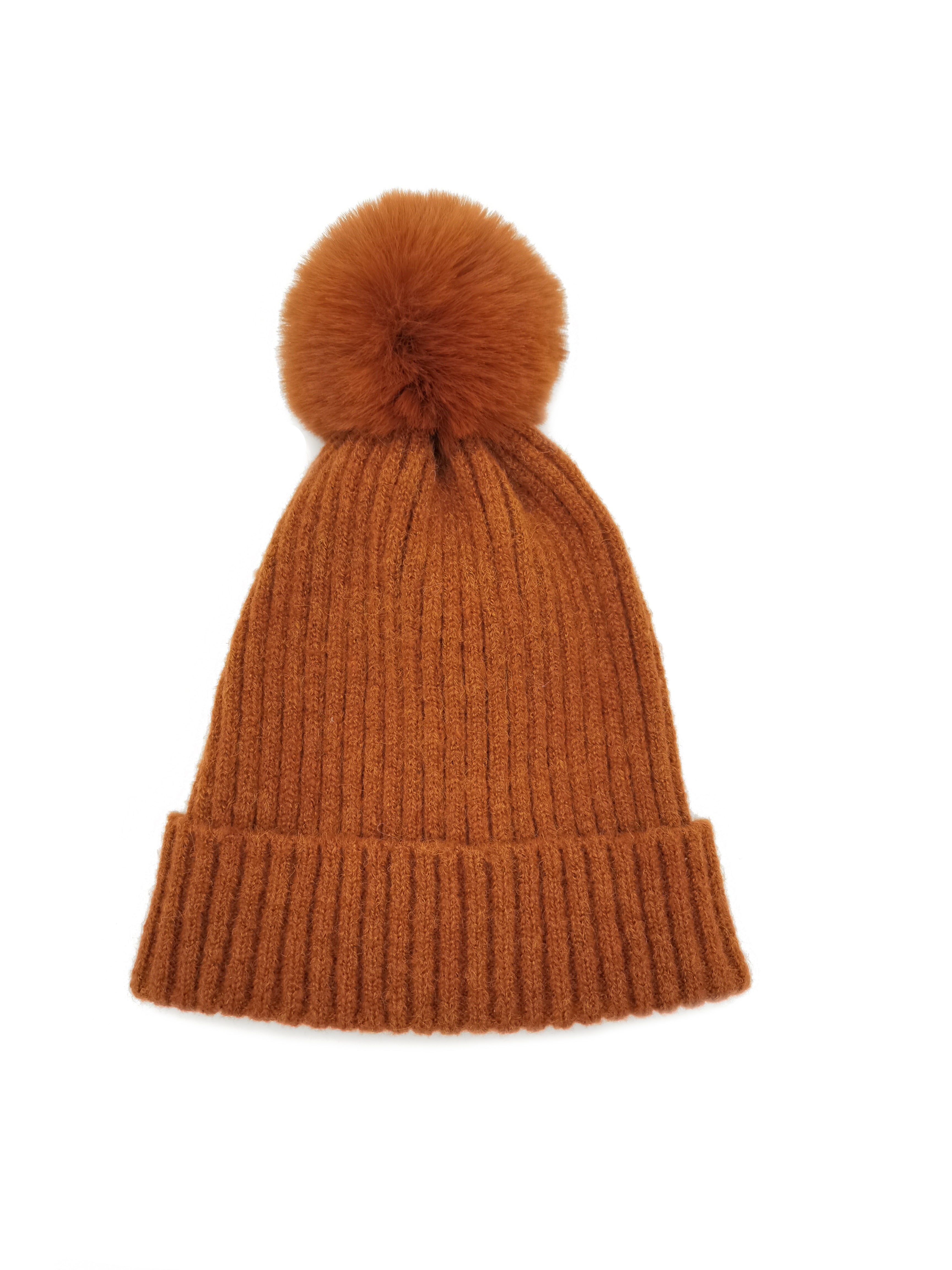 Ribbed Knit Beanie With Faux Fur Pom