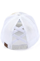 White C.C HAPPY CAMPER PATCH VINTAGE PONY CAP is a stylish and trendy accessory for any outdoor enthusiast. Made with high-quality materials, it features a vintage pony design and a bold "Happy Camper" patch, making it a perfect addition to any outfit. Stay fashionable and protected from the sun with this cap.