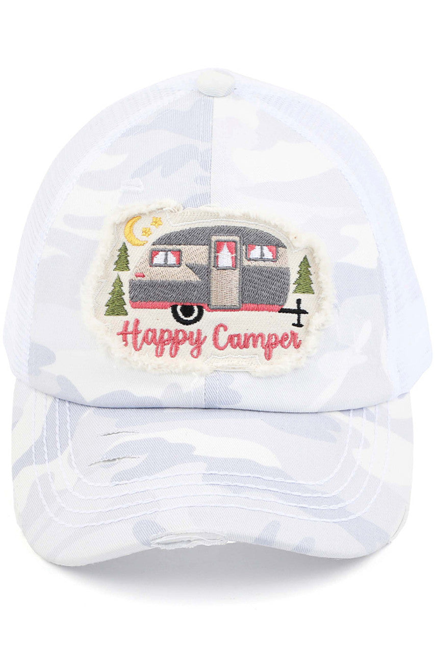 White C.C HAPPY CAMPER PATCH VINTAGE PONY CAP is a stylish and trendy accessory for any outdoor enthusiast. Made with high-quality materials, it features a vintage pony design and a bold "Happy Camper" patch, making it a perfect addition to any outfit. Stay fashionable and protected from the sun with this cap.