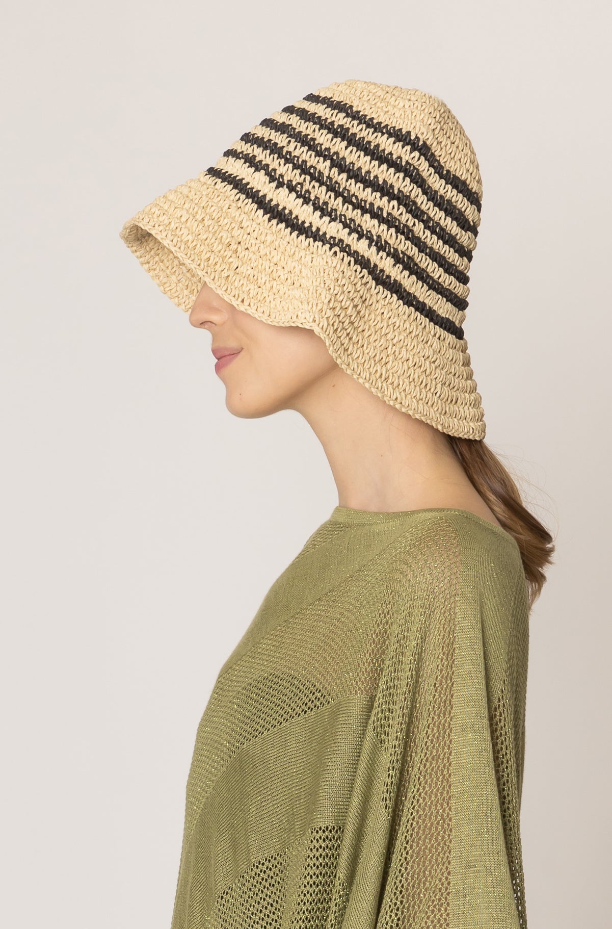 Two Tone Stripe Straw Bucket Hat