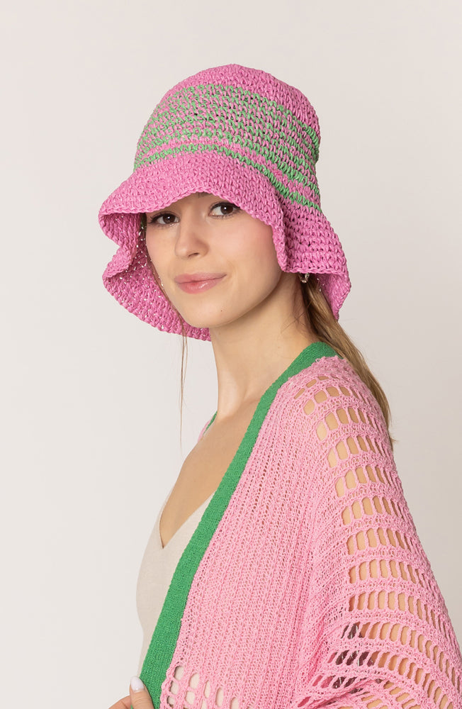 Two Tone Stripe Straw Bucket Hat