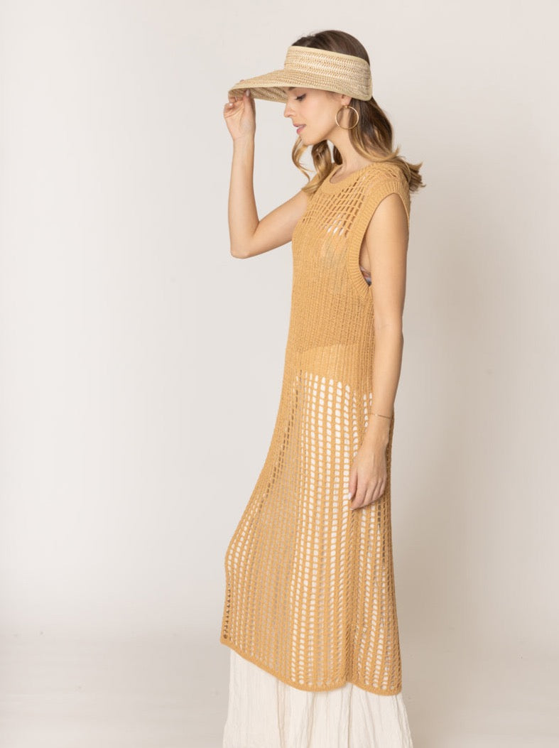 Chest Blocked Crochet Long Dress Camel