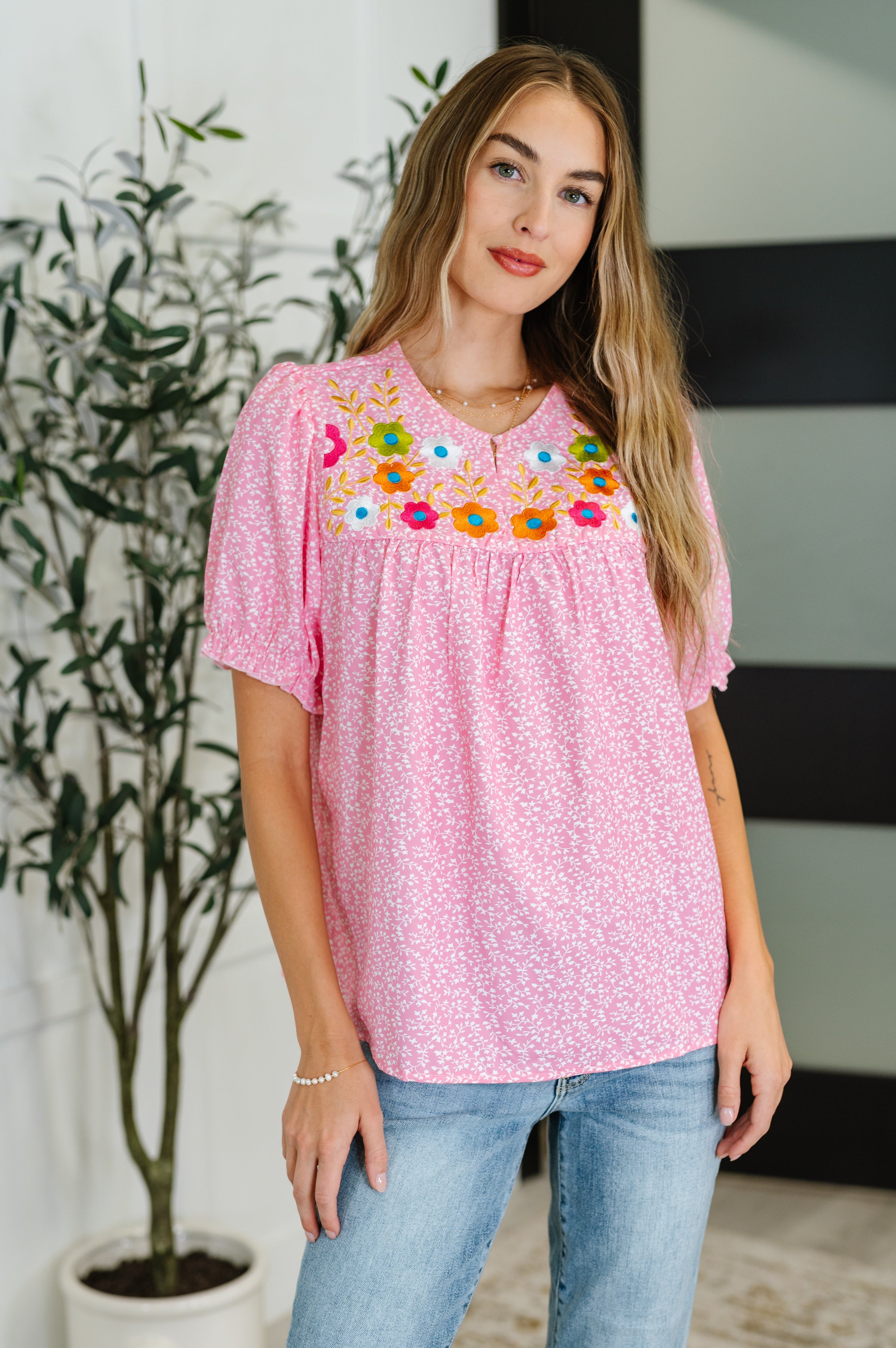 Wander Bloom Embroidered Puff Sleeve Blouse in Pink - Charming Charlie