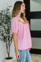 Wander Bloom Embroidered Puff Sleeve Blouse in Pink - Charming Charlie
