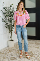 Wander Bloom Embroidered Puff Sleeve Blouse in Pink - Charming Charlie