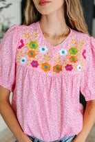 Wander Bloom Embroidered Puff Sleeve Blouse in Pink - Charming Charlie