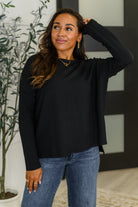 Wander & Rest Cable Ribbed Knit Drop Shoulder Top in Black - Charming Charlie