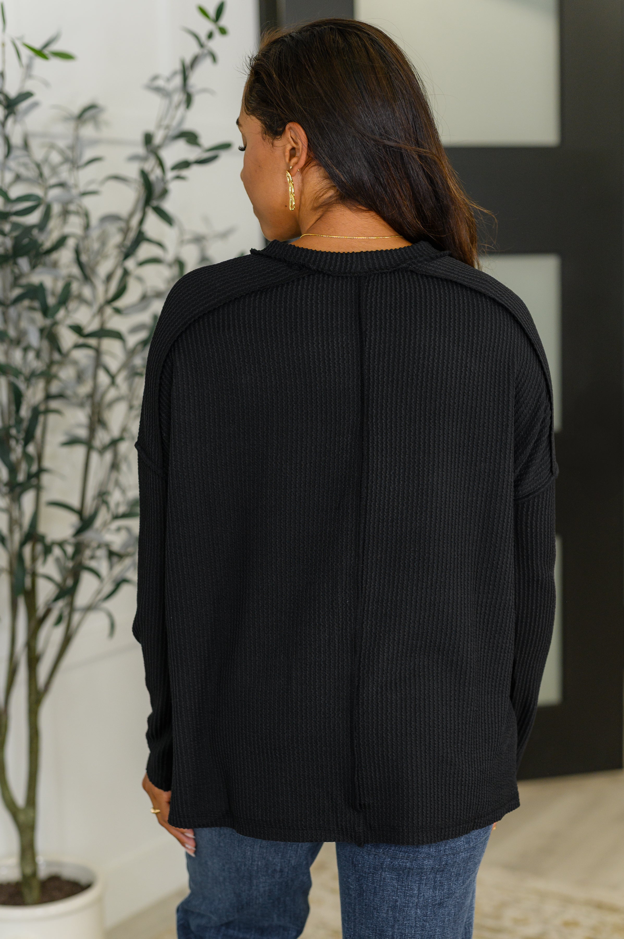 Wander & Rest Cable Ribbed Knit Drop Shoulder Top in Black - Charming Charlie