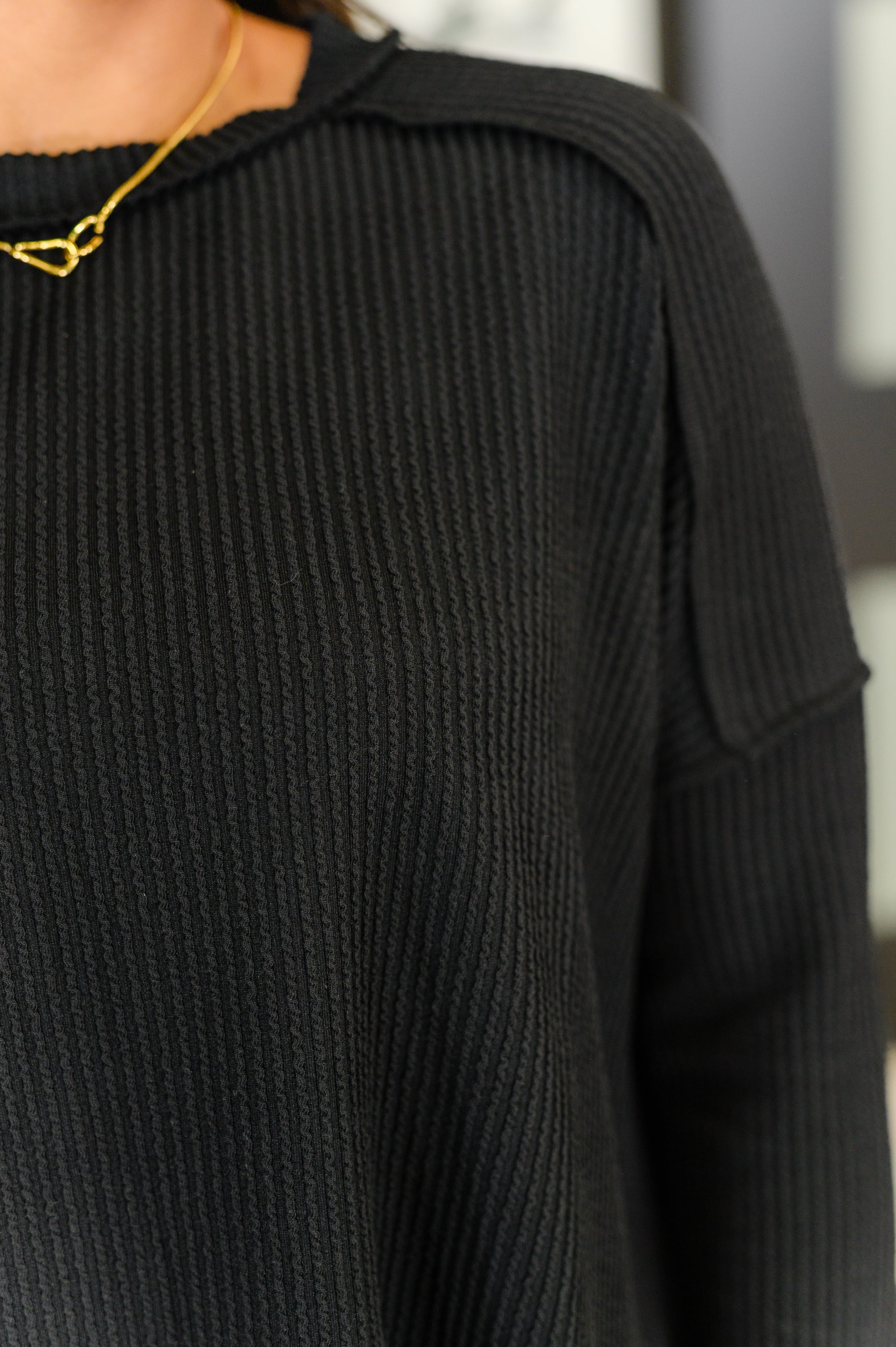 Wander & Rest Cable Ribbed Knit Drop Shoulder Top in Black - Charming Charlie