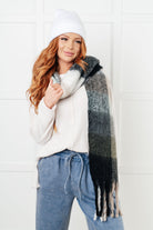 Wanderlust Wrap Oversized Plaid Fringe Scarf in Grey and Jade - Charming Charlie