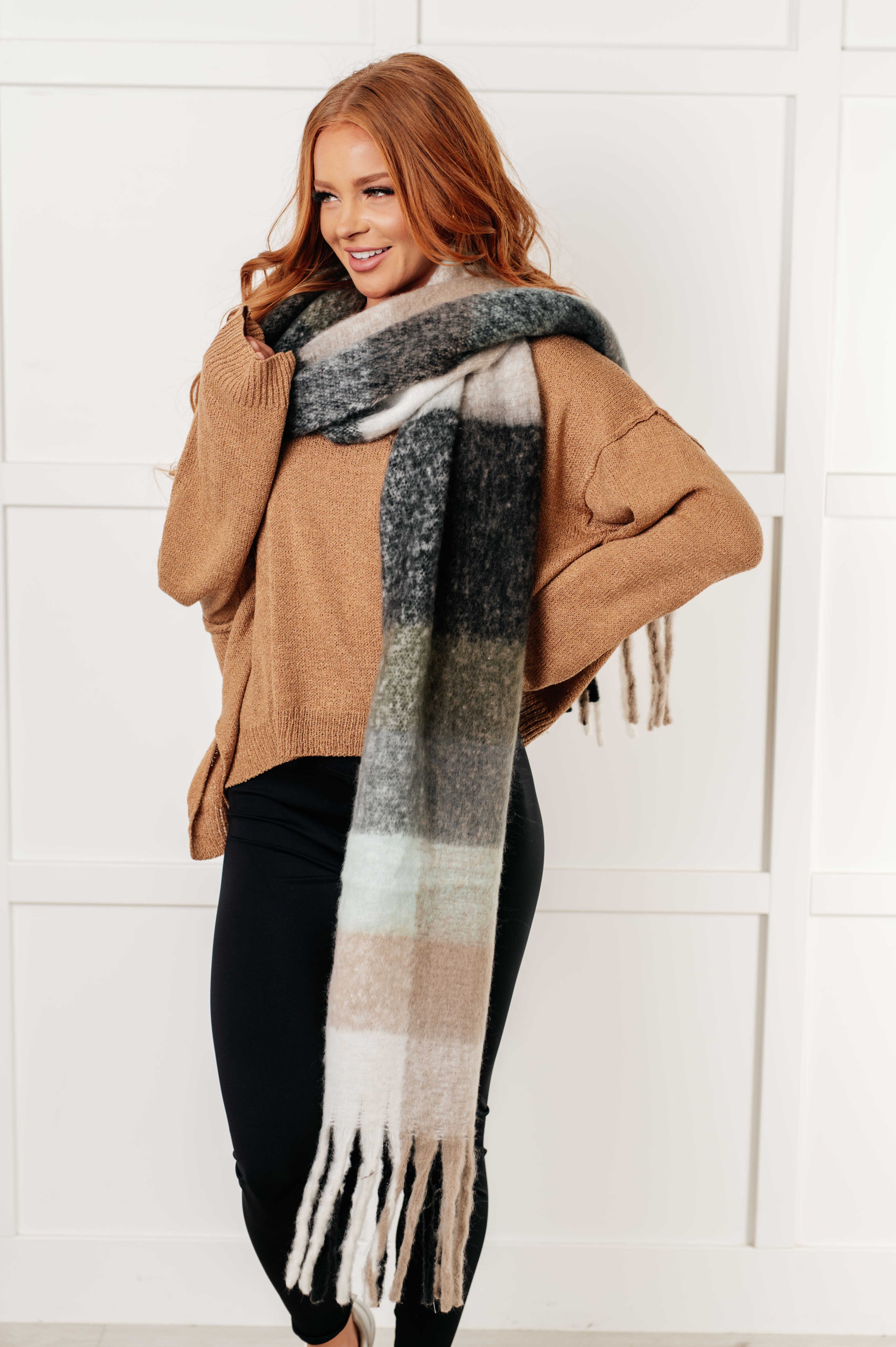 Wanderlust Wrap Oversized Plaid Fringe Scarf in Grey and Jade - Charming Charlie