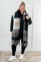 Wanderlust Wrap Oversized Plaid Fringe Scarf in Grey and Jade - Charming Charlie