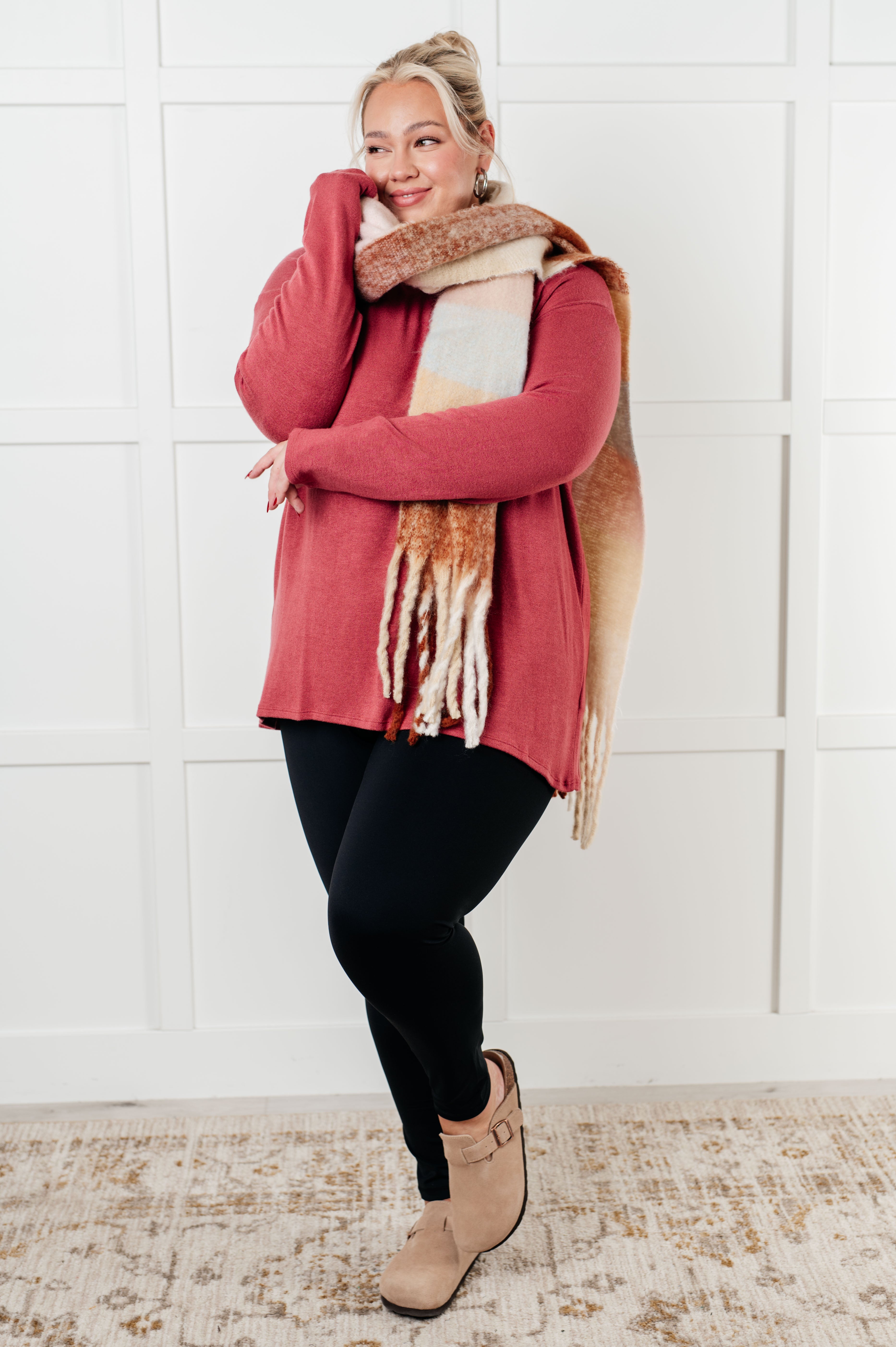 Wanderlust Wrap Oversized Plaid Fringe Scarf in Light Brown - Charming Charlie