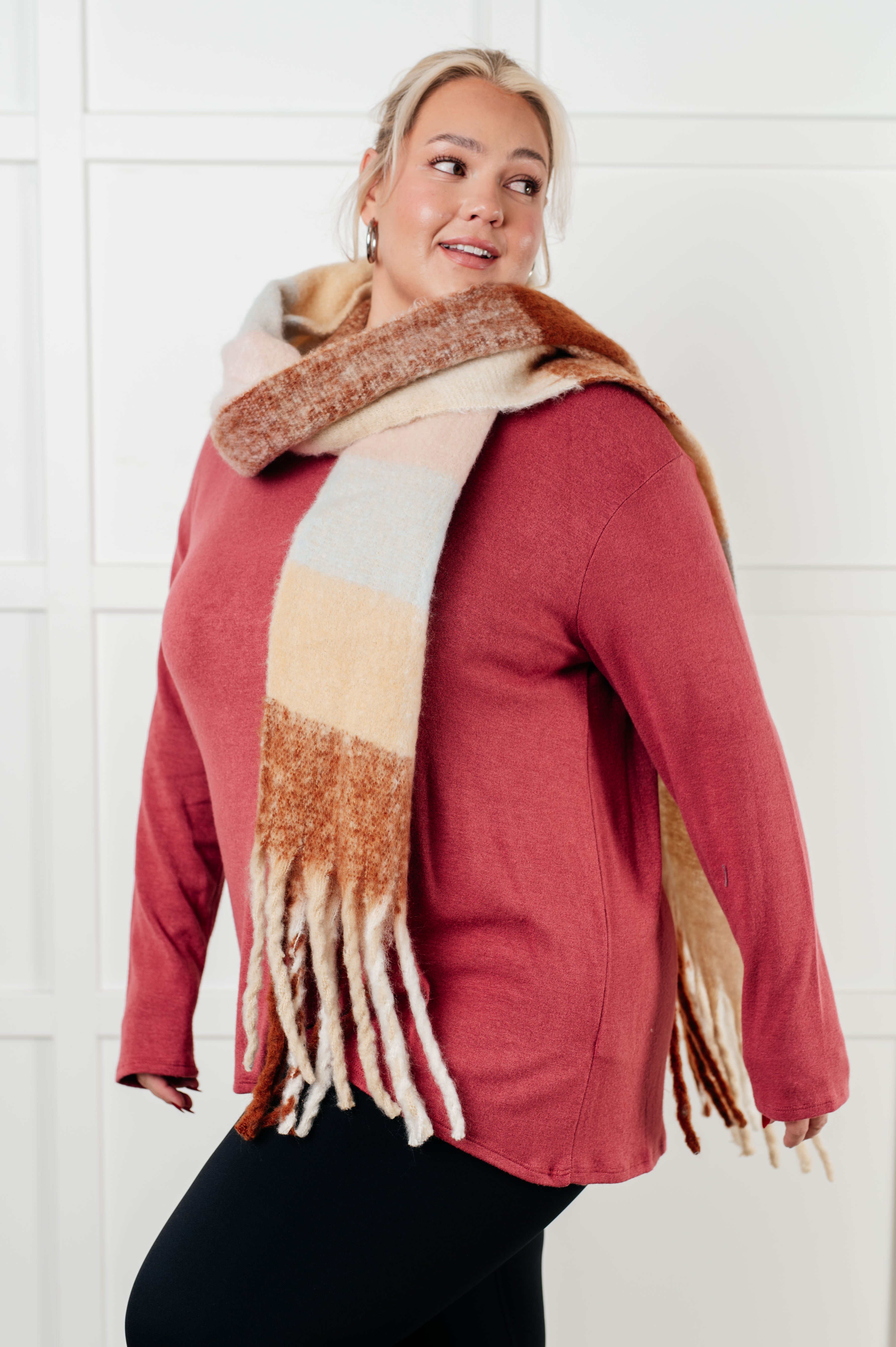 Wanderlust Wrap Oversized Plaid Fringe Scarf in Light Brown - Charming Charlie