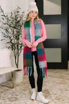 Wanderlust Wrap Oversized Plaid Fringe Scarf in Magenta and Teal - Charming Charlie