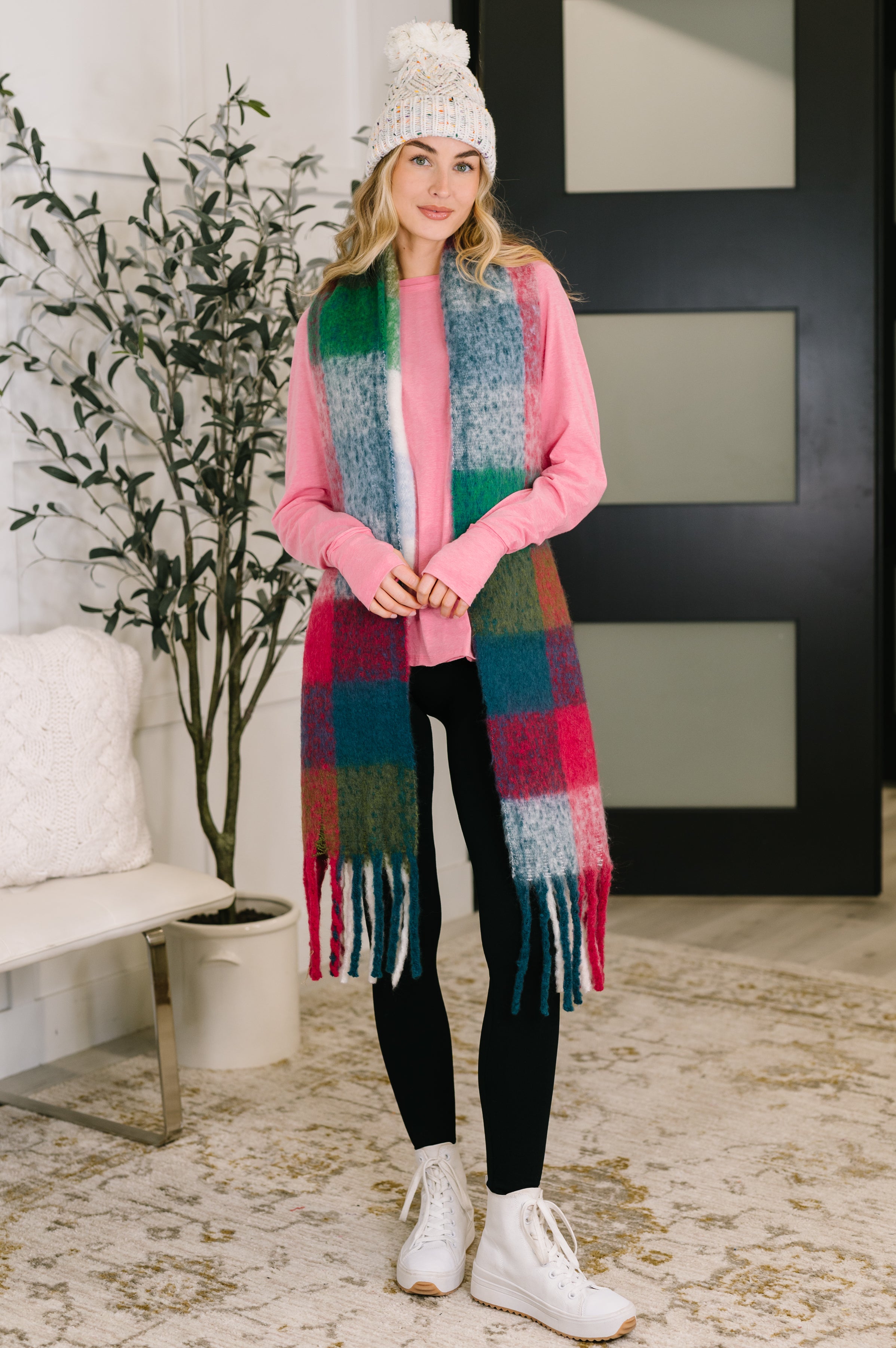 Wanderlust Wrap Oversized Plaid Fringe Scarf in Magenta and Teal - Charming Charlie