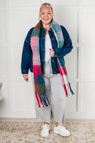 Wanderlust Wrap Oversized Plaid Fringe Scarf in Magenta and Teal - Charming Charlie
