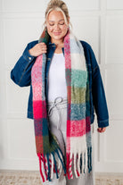 Wanderlust Wrap Oversized Plaid Fringe Scarf in Magenta and Teal - Charming Charlie