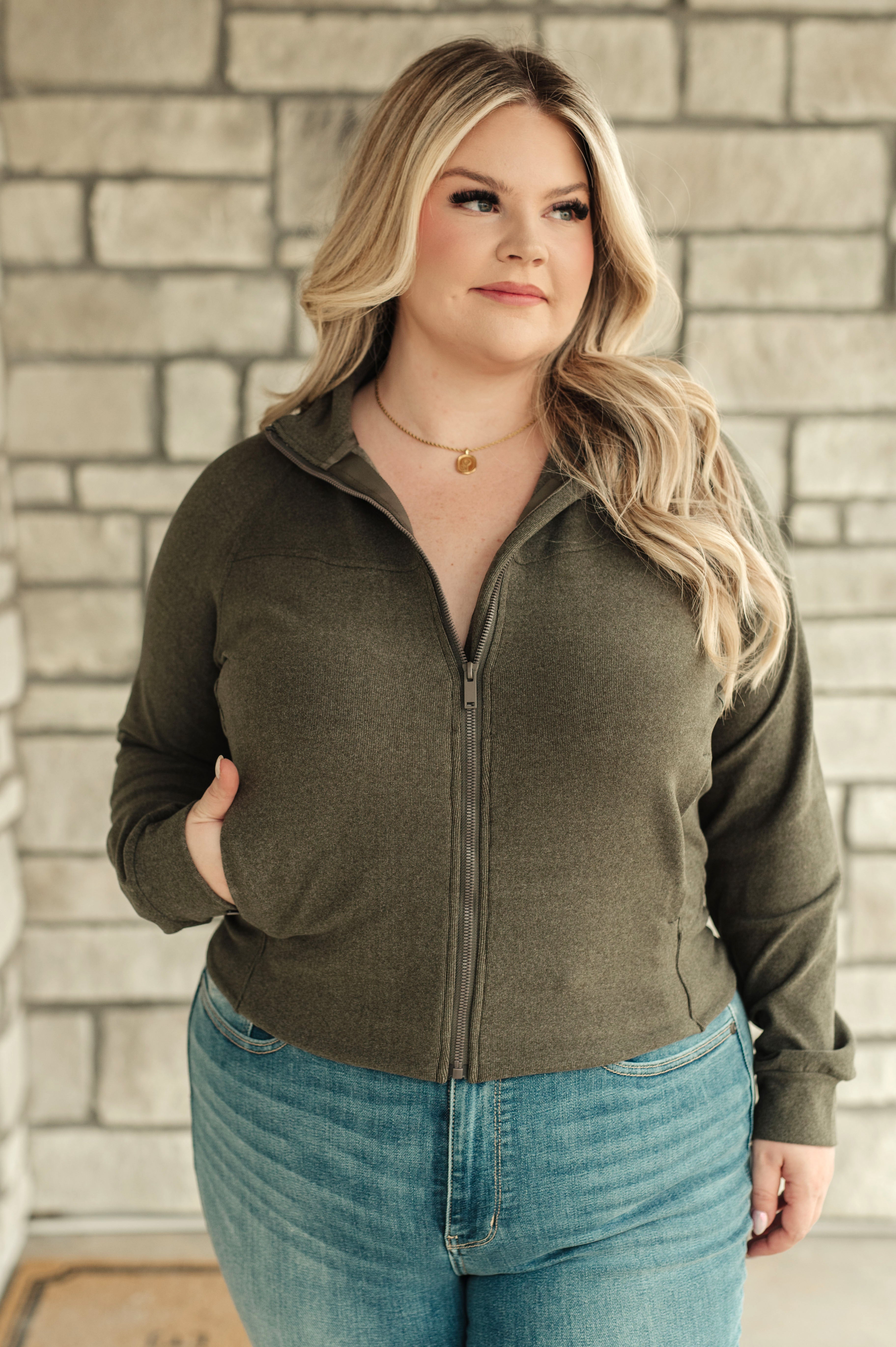 Where Are You Zip Up Jacket in Olive - Charming Charlie