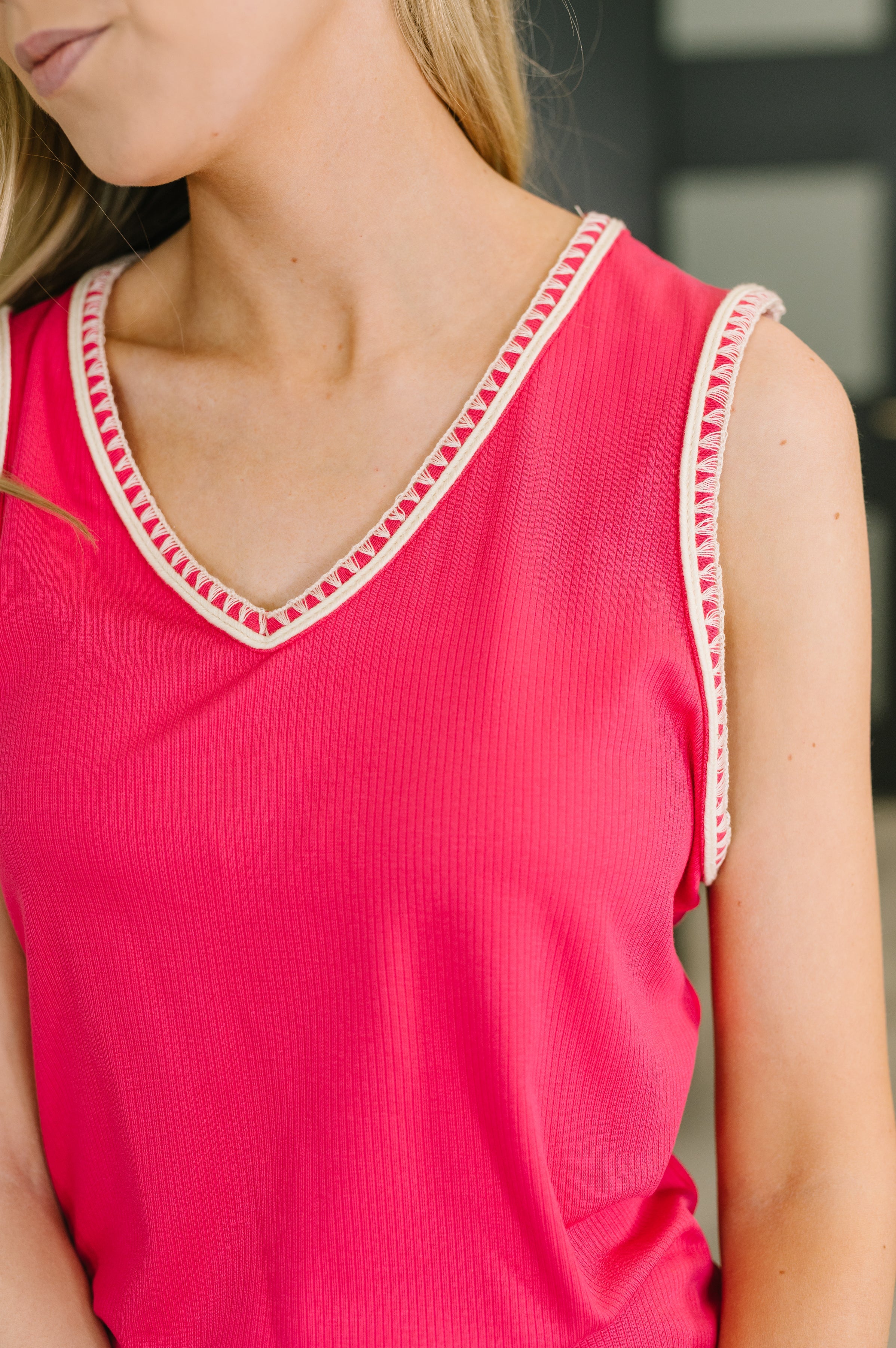 Whisper Trim Detailed V-Neck Tank in Hot Pink - Charming Charlie