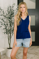 Whisper Trim Detailed V-Neck Tank in Navy - Charming Charlie
