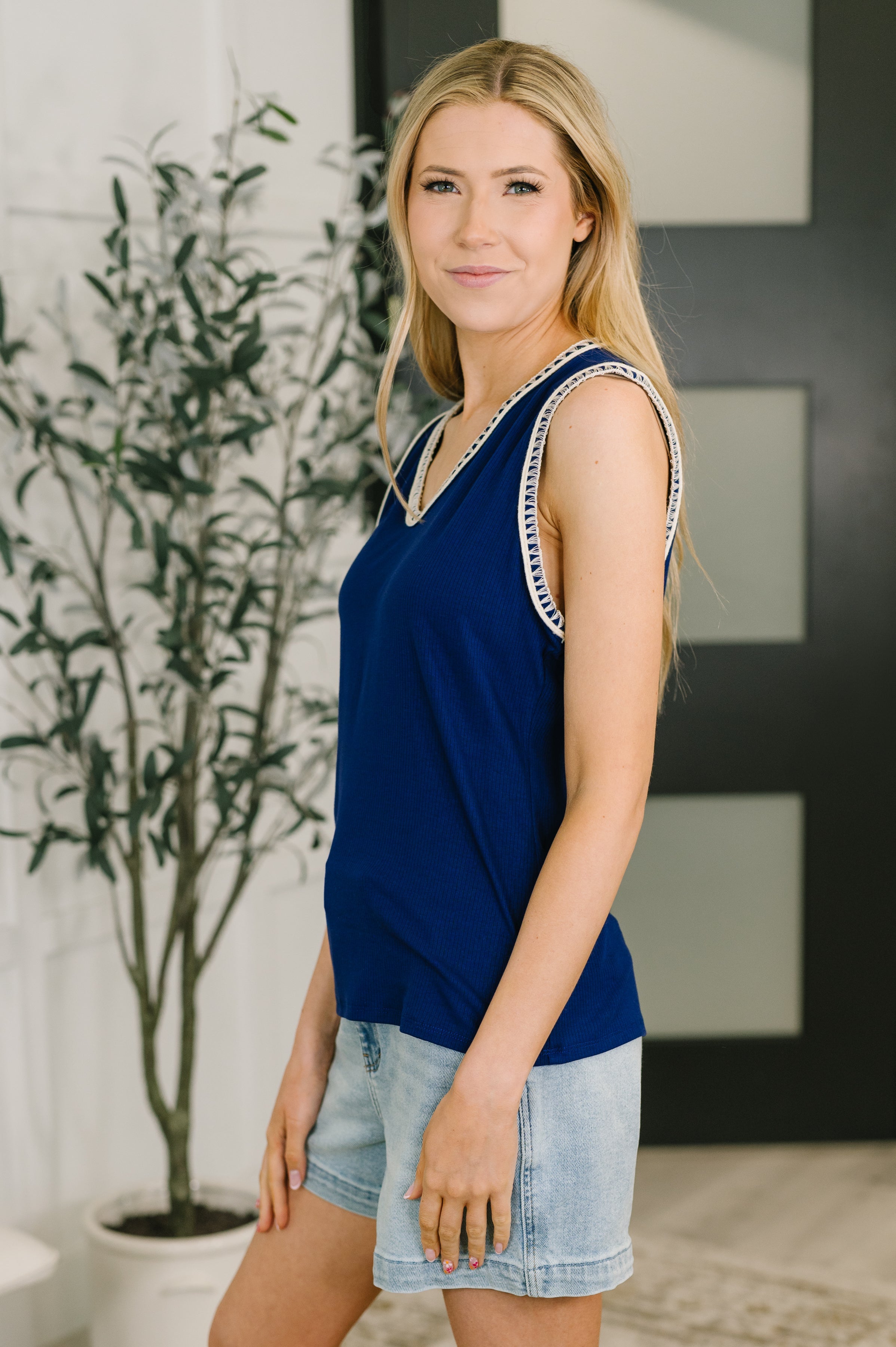 Whisper Trim Detailed V-Neck Tank in Navy - Charming Charlie