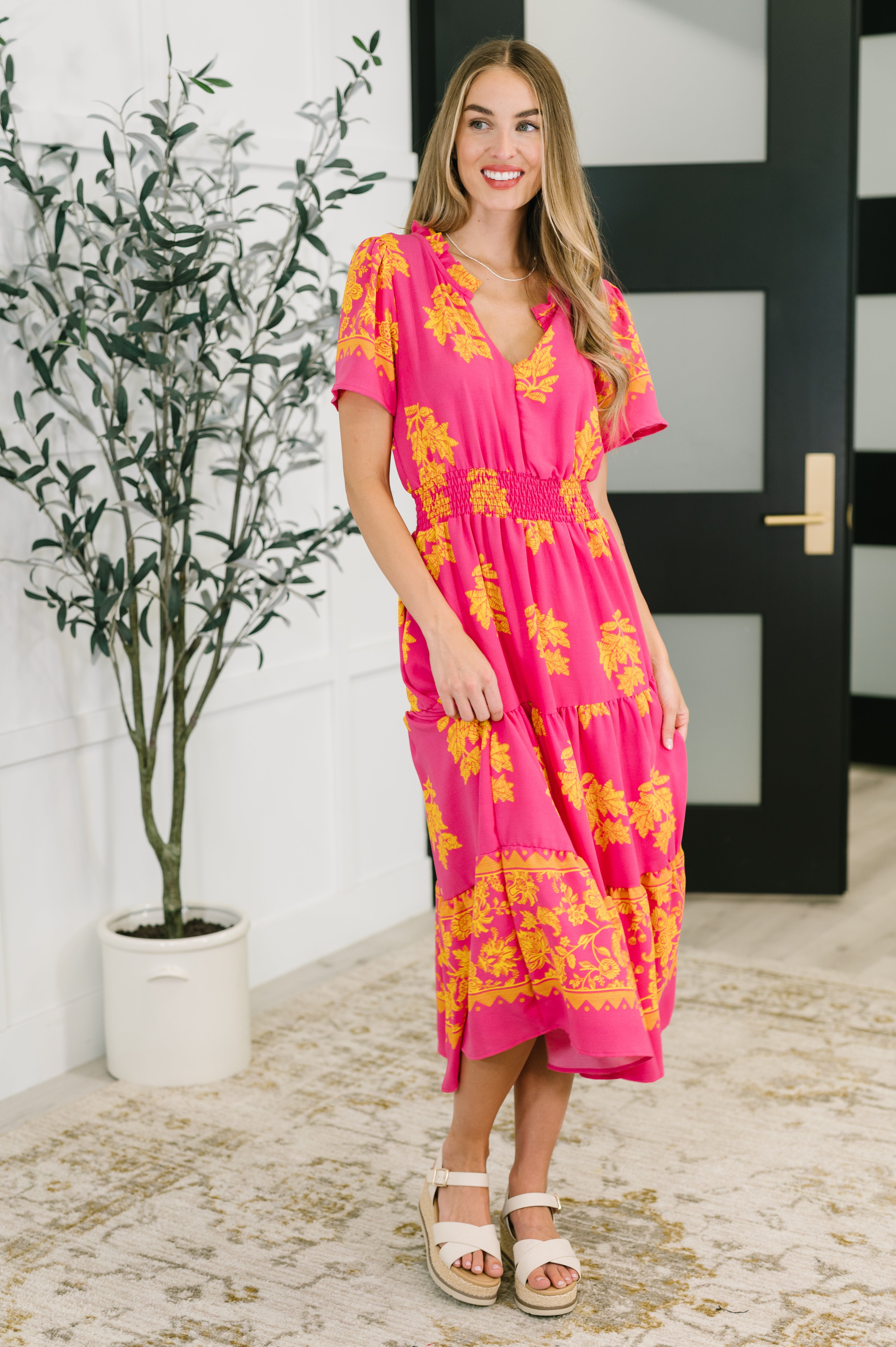 Whispering Willow V-Neck Dress in Fuchsia - Charming Charlie