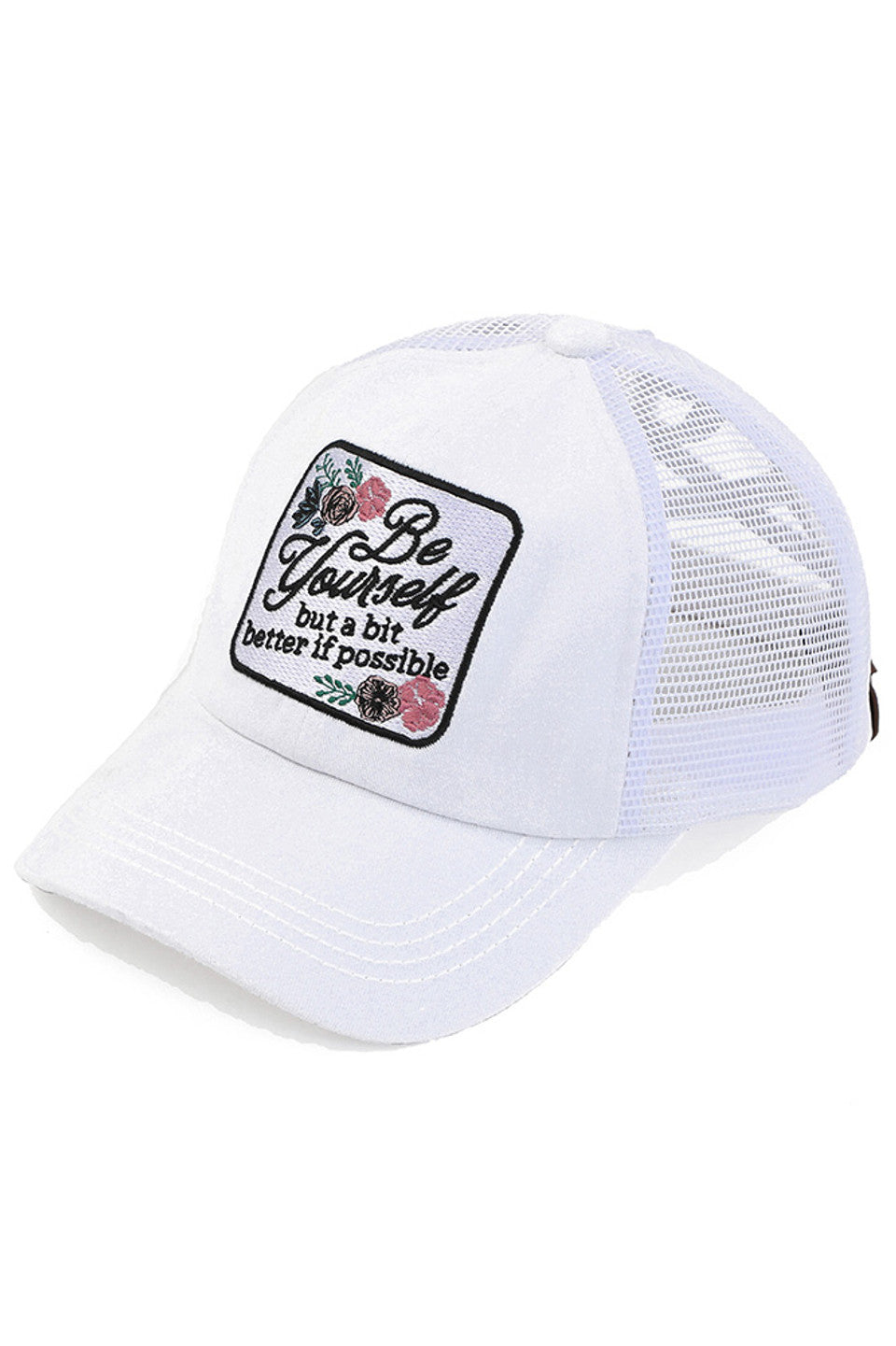White C.C BE YOURSELF PATCH CRISS CROSS PONY CAP is both stylish and practical. With a unique criss-cross design and a "Be Yourself" patch, this cap is perfect for any fashion-forward individual. The pony cap style also allows for comfortable and convenient wear. Express yourself with this versatile and trendy accessory.